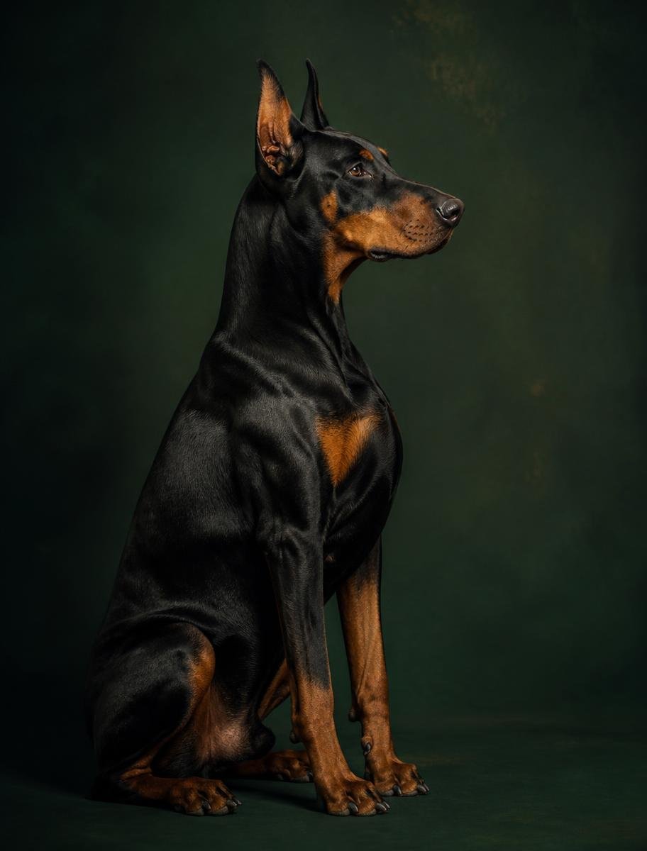 Doberman sentado em perfil sobre fundo verde escuro