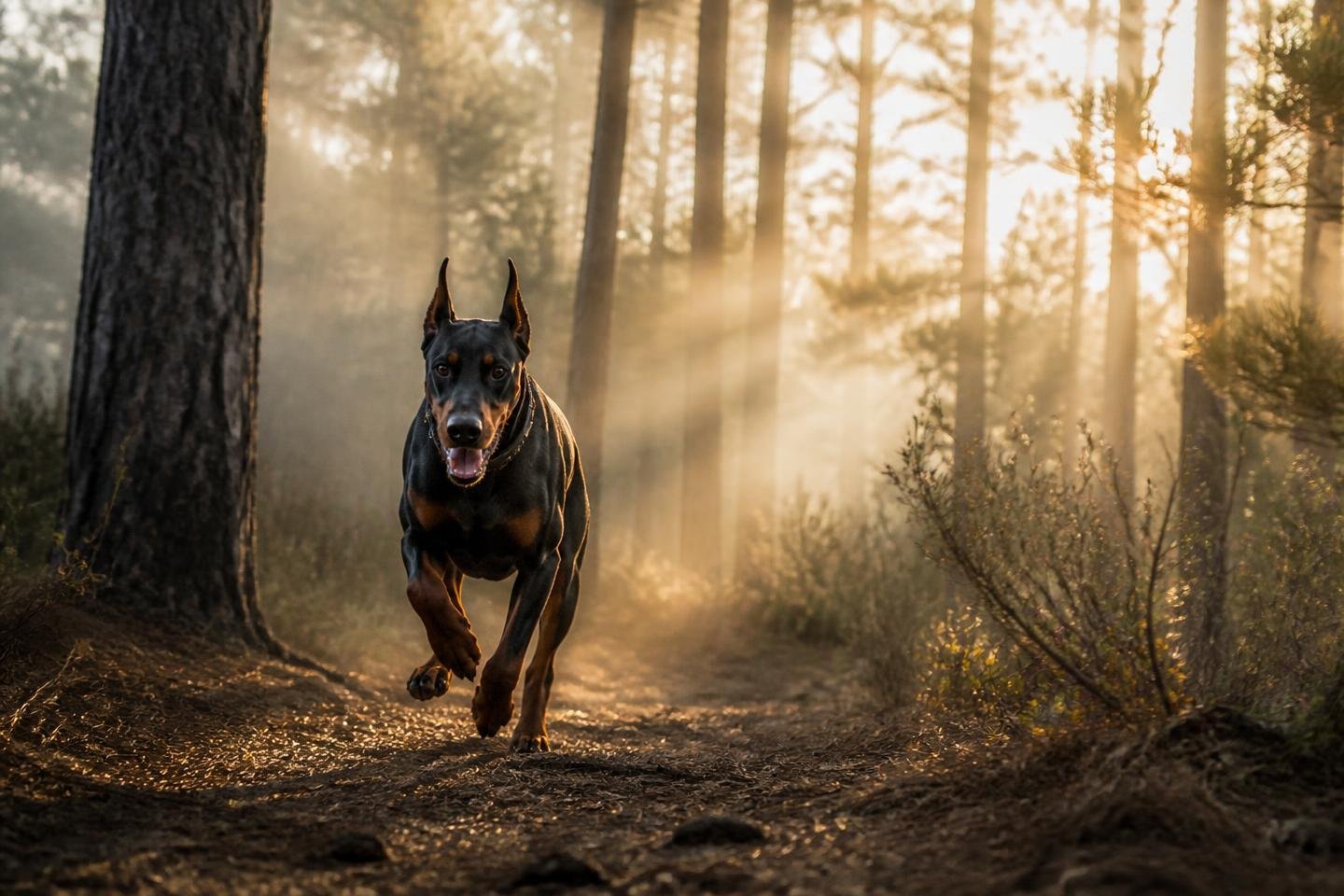 Doberman correndo em trilha de floresta ao amanhecer