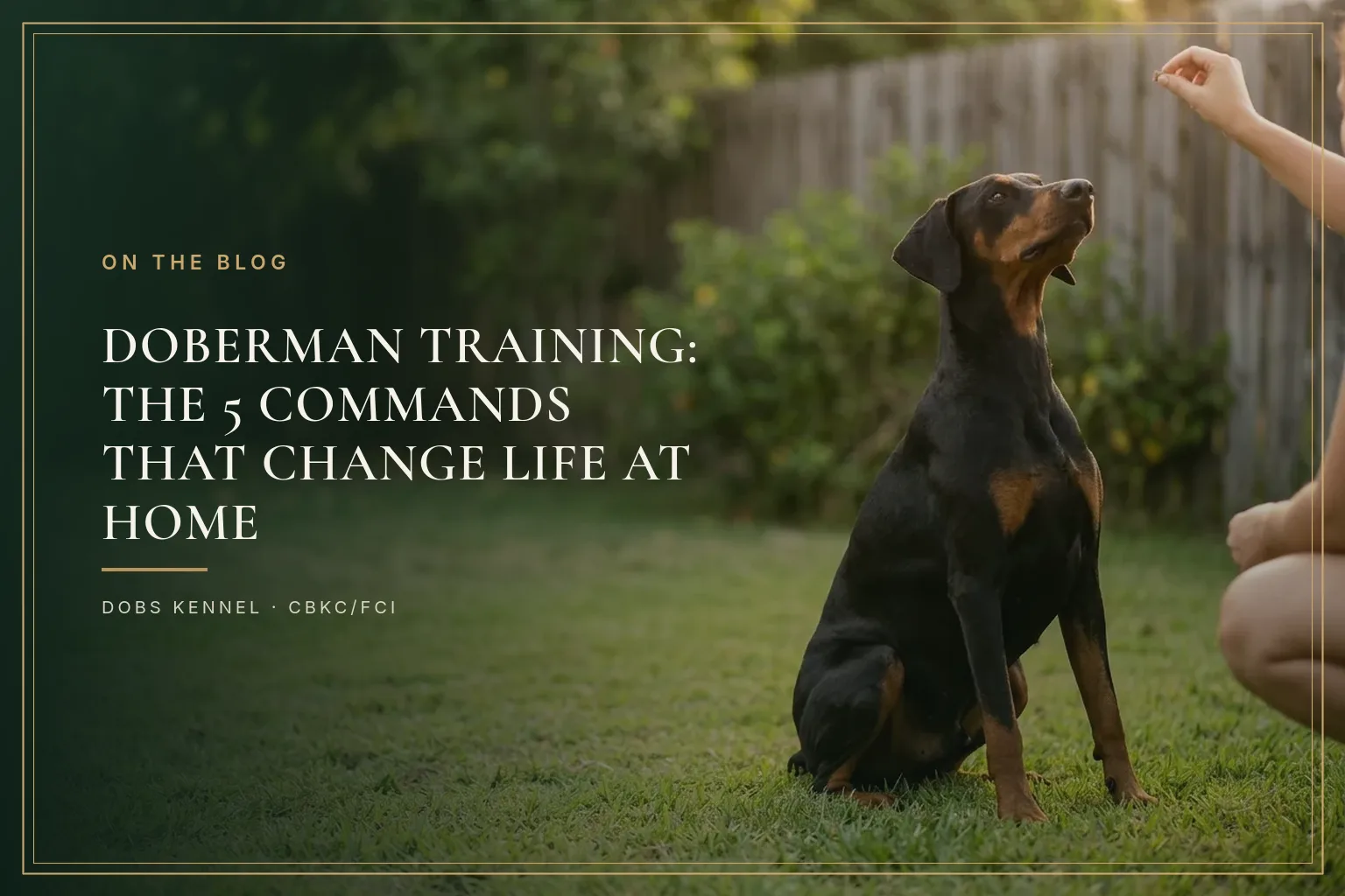 Doberman adulto atento em posição de senta durante uma sessão de treino ao ar livre, na capa do artigo sobre adestramento