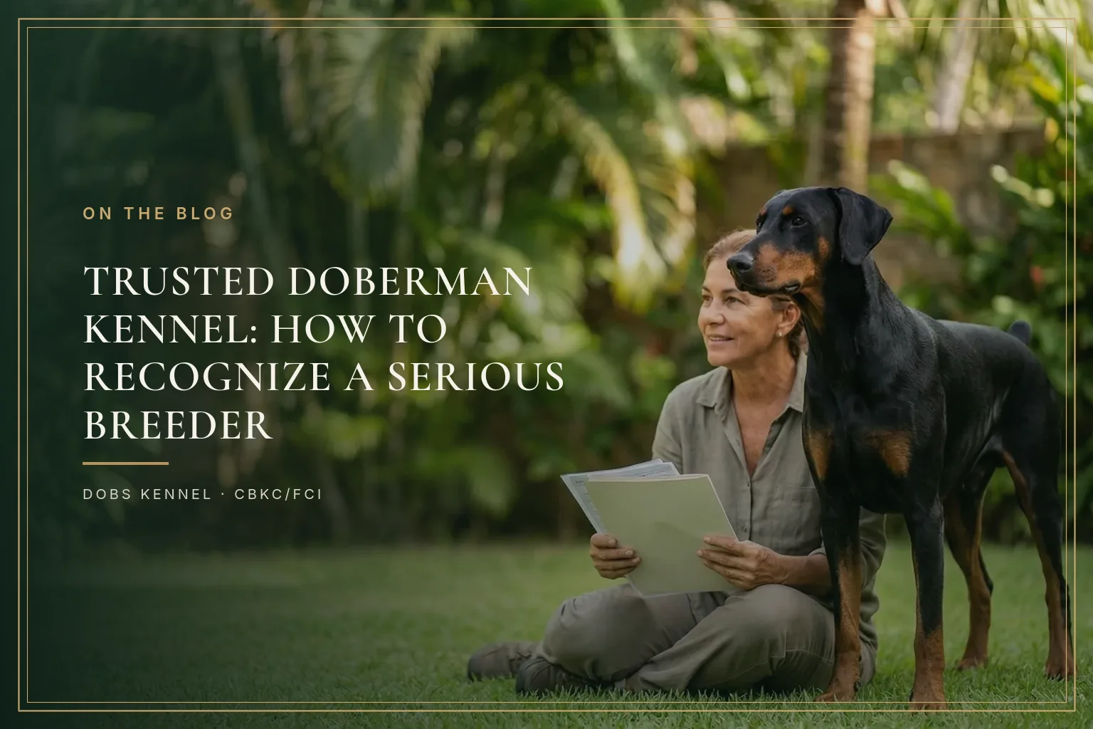 Woman sitting on the grass in a garden holding papers, next to a standing black-and-tan Doberman with natural ears