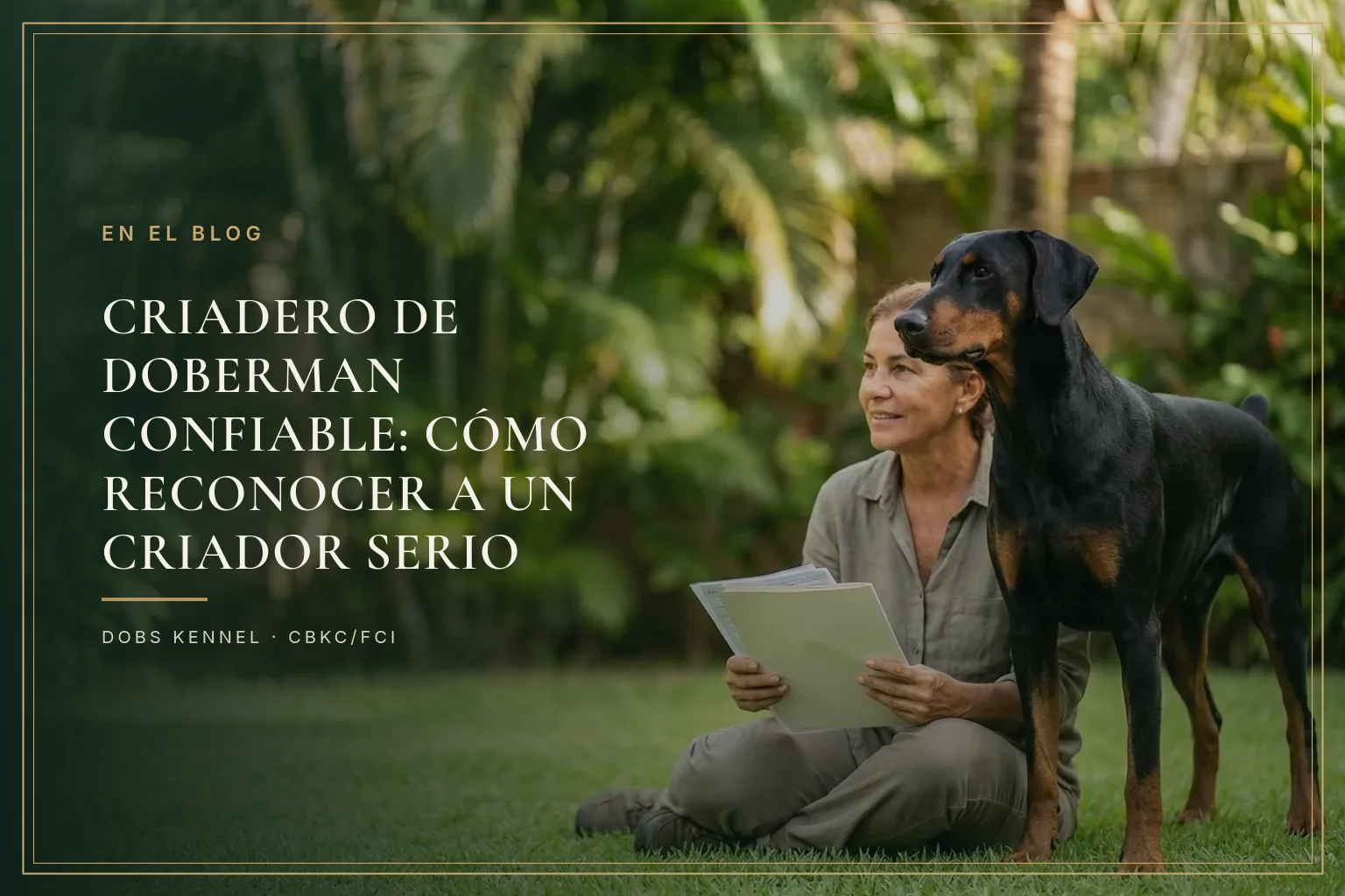 Mujer sentada en el césped de un jardín con papeles en la mano, junto a un Doberman negro y fuego de pie, con las orejas naturales