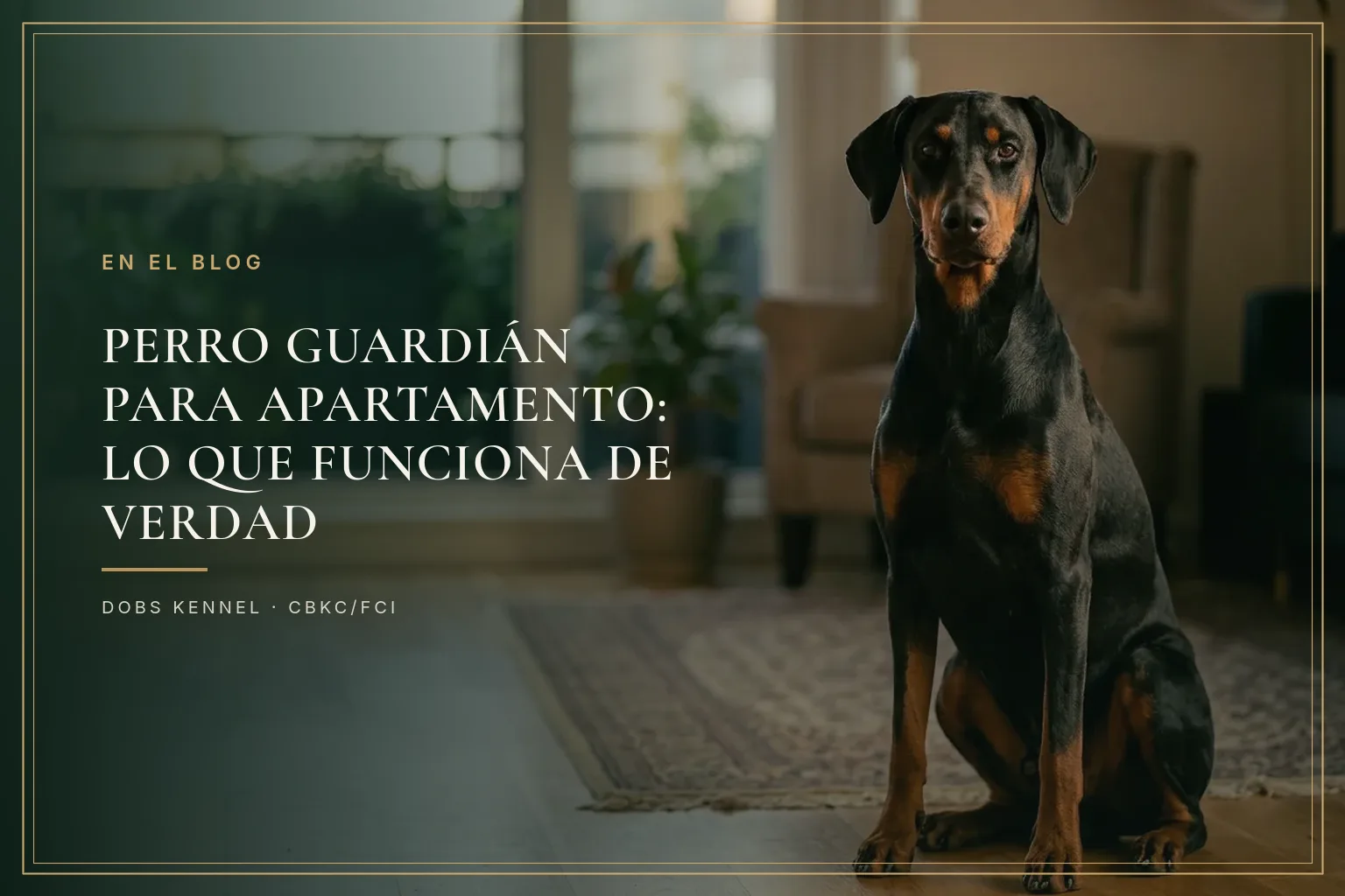 Doberman alerta observando la puerta de un apartamento, ilustrando un perro guardián adaptado a la vida en edificio