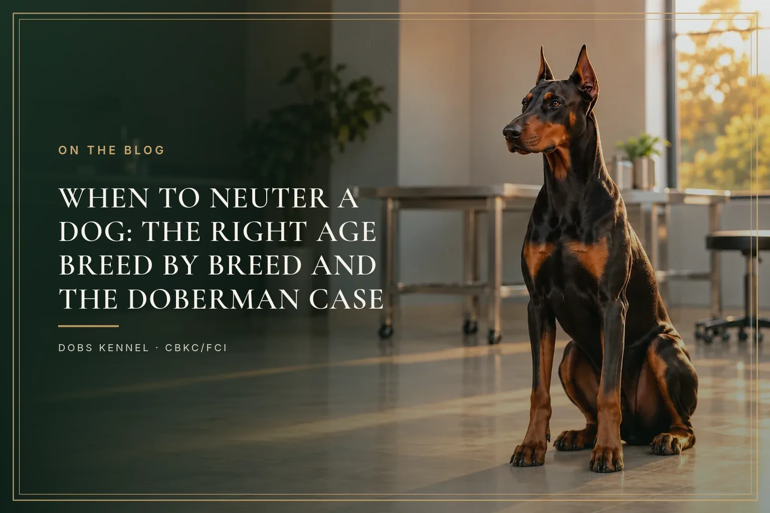 Adult black and tan Doberman with erect ears sitting on the floor of a veterinary clinic lit by the late afternoon sun