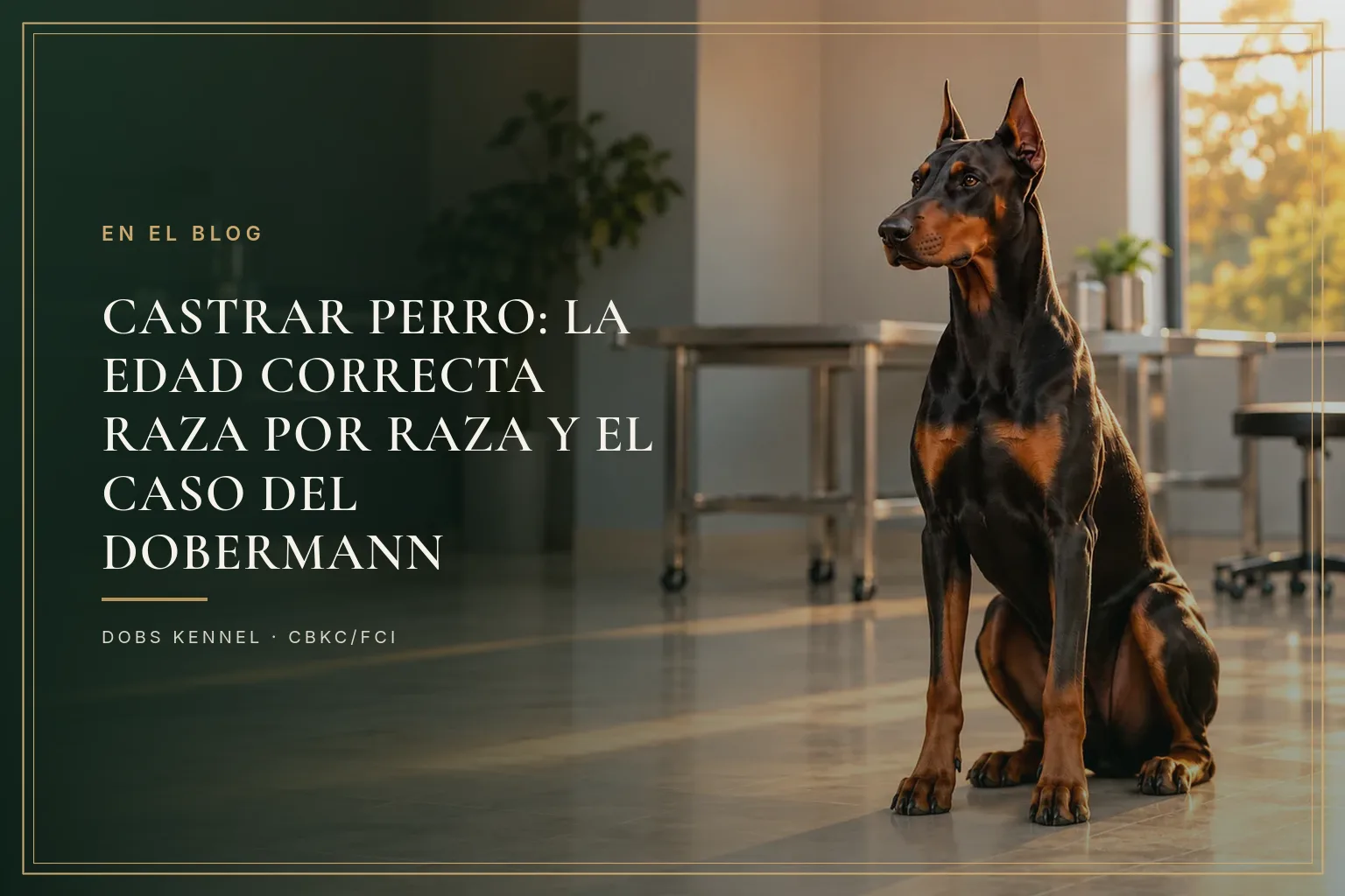Dobermann adulto negro y fuego, de orejas erguidas, sentado en el piso de un consultorio veterinario iluminado por el final de la tarde