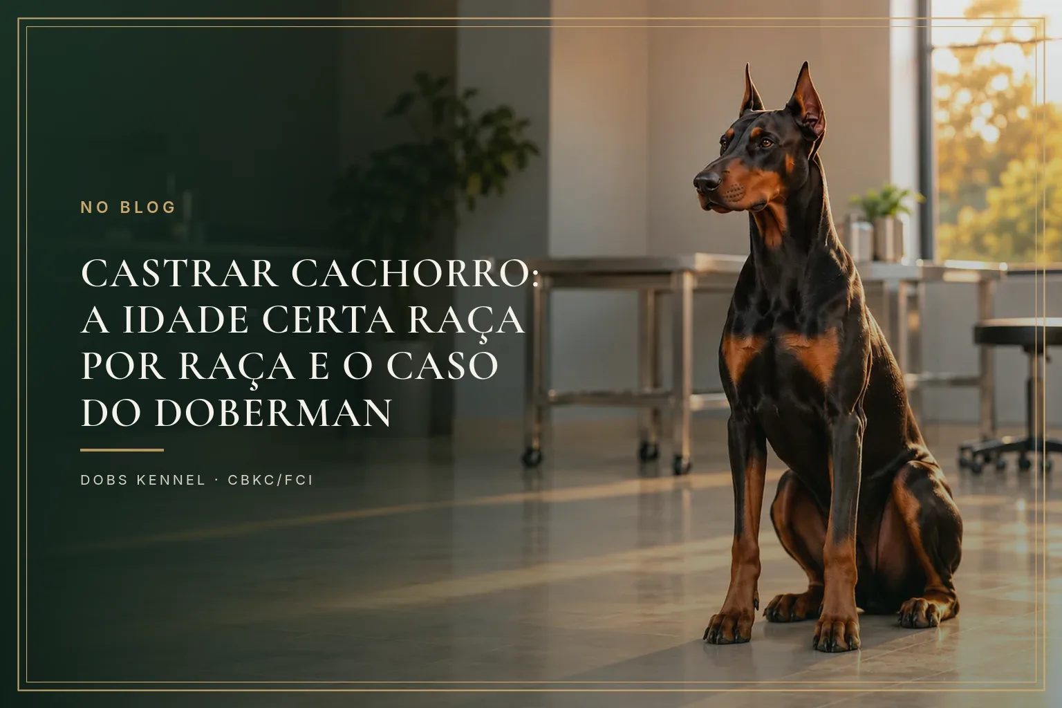 Doberman adulto preto e castanho, de orelhas em pé, sentado no piso de um consultório veterinário iluminado pelo fim de tarde