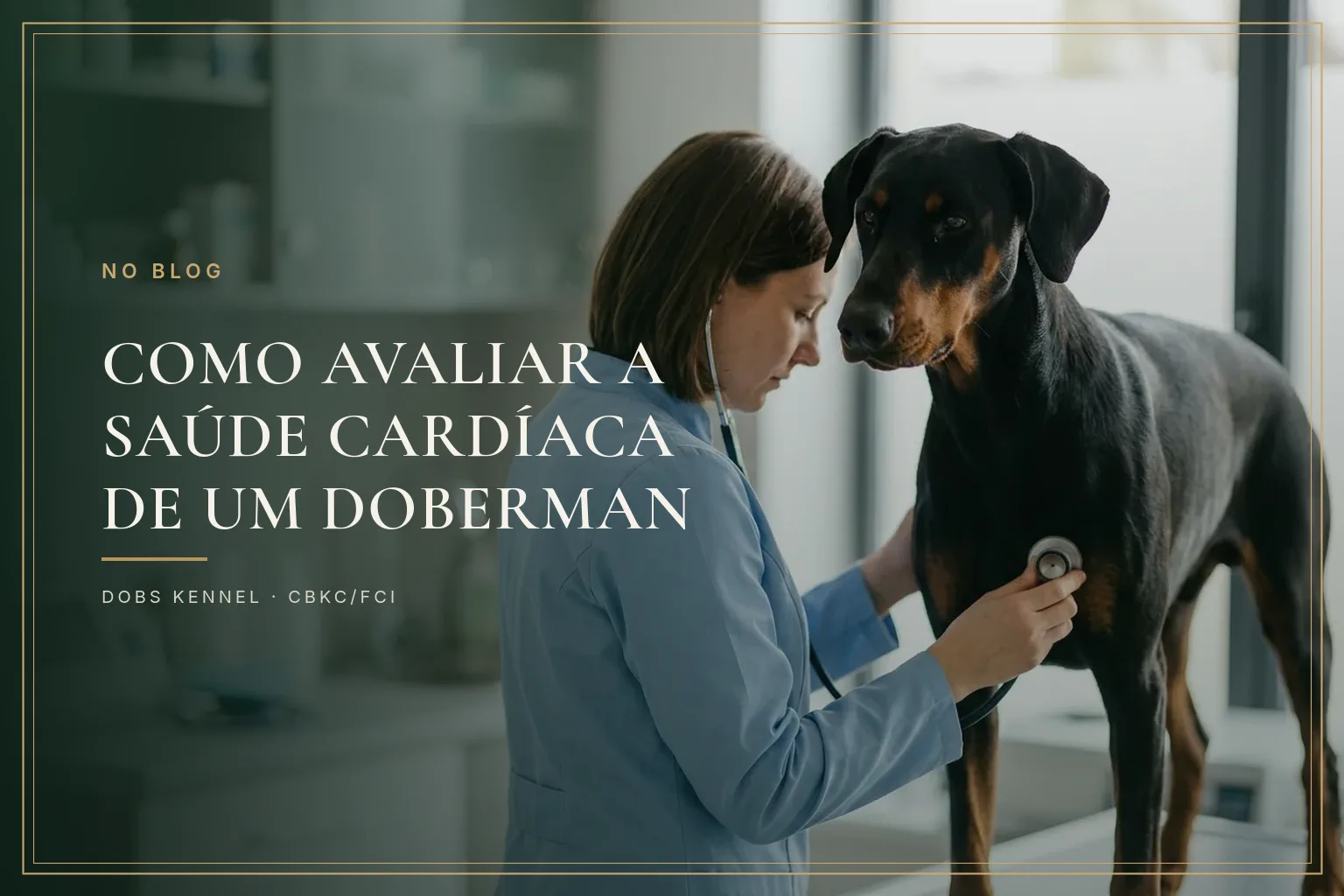 Veterinária auscultando com estetoscópio um Doberman adulto em clínica clara, na capa do guia de saúde cardíaca