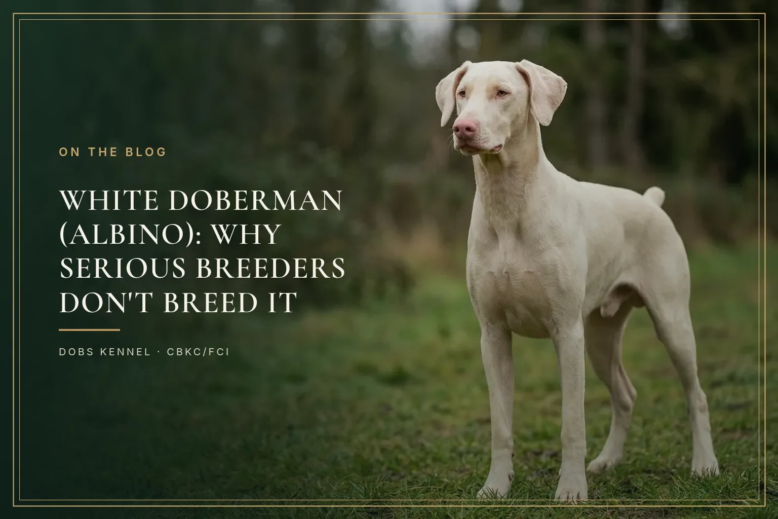 Full-body black and rust Doberman in the foreground, with the pale silhouette of an albino Doberman in the background
