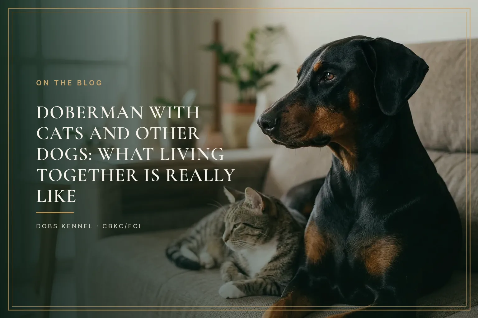 Adult Doberman lying calmly next to a cat inside the house