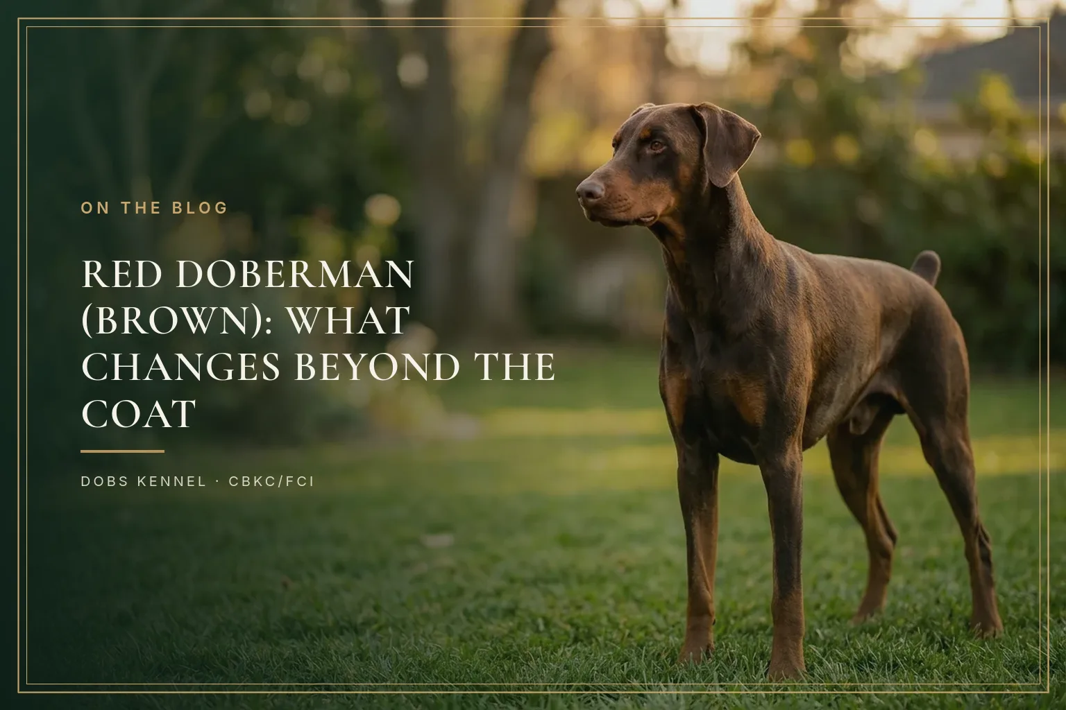 Full-body brown Doberman with natural ears and a chocolate coat with rust markings