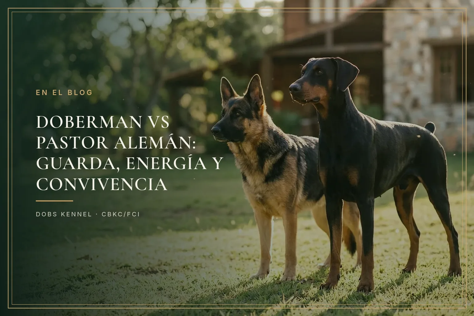 Un Doberman negro y fuego y un Pastor Alemán, ambos adultos, uno al lado del otro en la portada del comparativo entre las dos razas