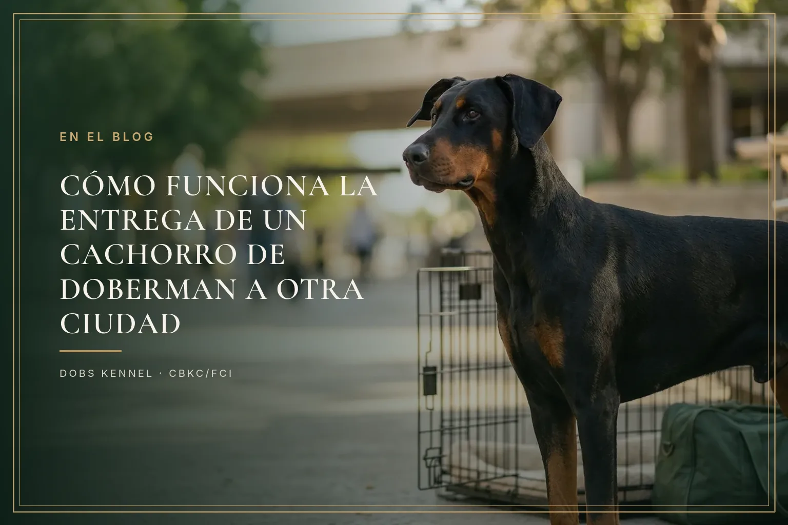 Doberman negro y fuego junto a una caja de transporte lista para el viaje del cachorro. Dobs Kennel.