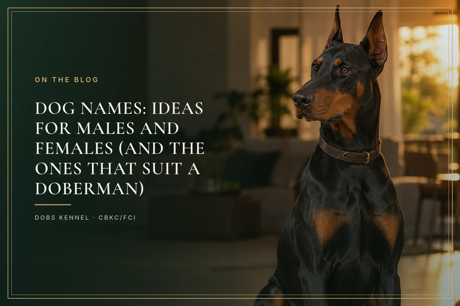 Adult black and tan Doberman with upright ears and a leather collar, sitting in a living room at sunset, looking aside as if hearing its own name