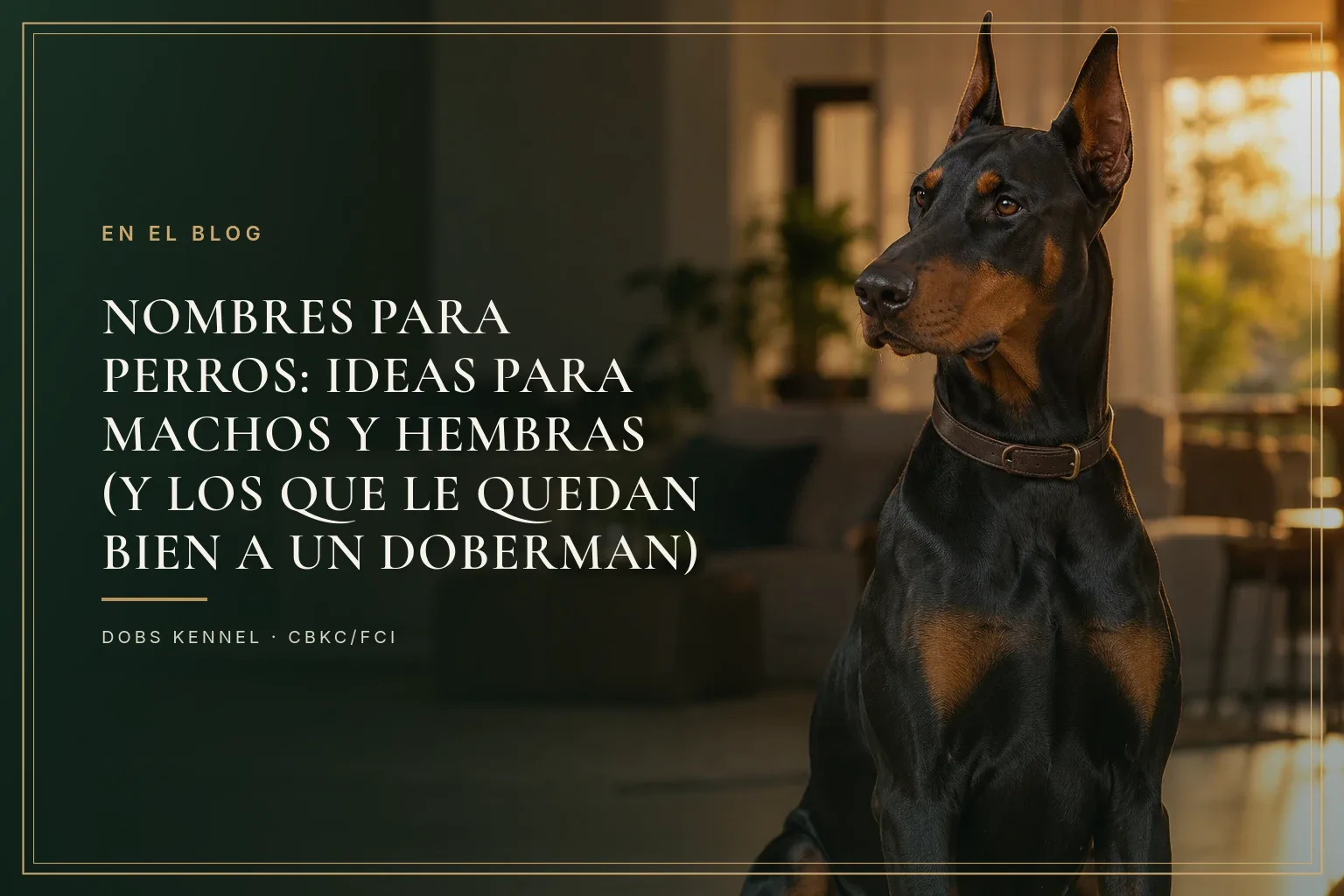 Doberman adulto negro y fuego, de orejas erguidas y collar de cuero, sentado en una sala al atardecer, mirando de lado como quien oye su propio nombre
