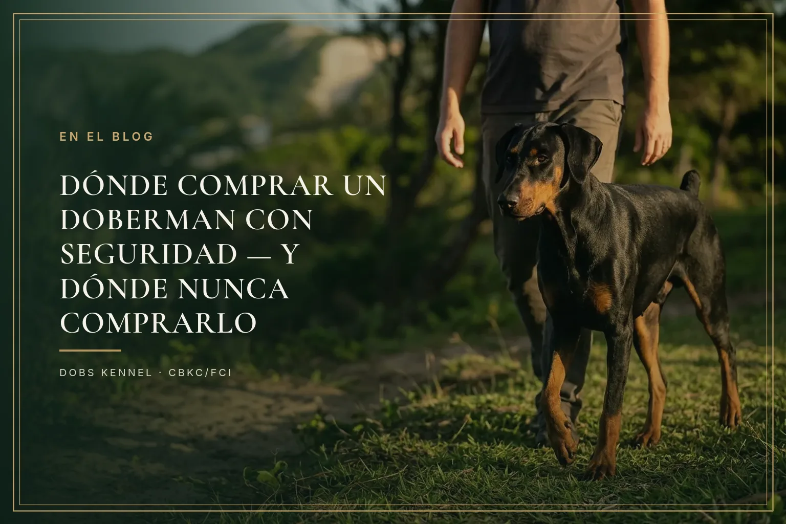 Doberman negro y fuego de orejas naturales junto al criador en un criadero con su estructura a la vista