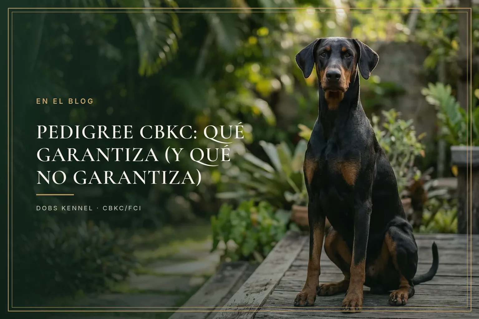 Criador sentado na grama ao lado de um Doberman preto e castanho, segurando o pedigree do cão. Dobs Kennel.