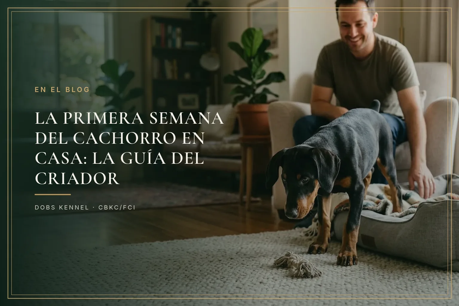 Un cachorro de Doberman negro y fuego acostado en una cama clara en un ambiente hogareño y acogedor, en la portada de la guía de la primera semana en casa
