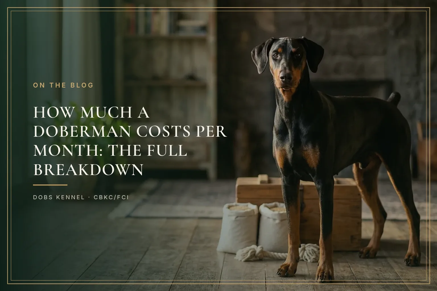An adult black and rust Doberman standing in a rustic room, next to bags of dog food and a wooden crate. Dobs Kennel.