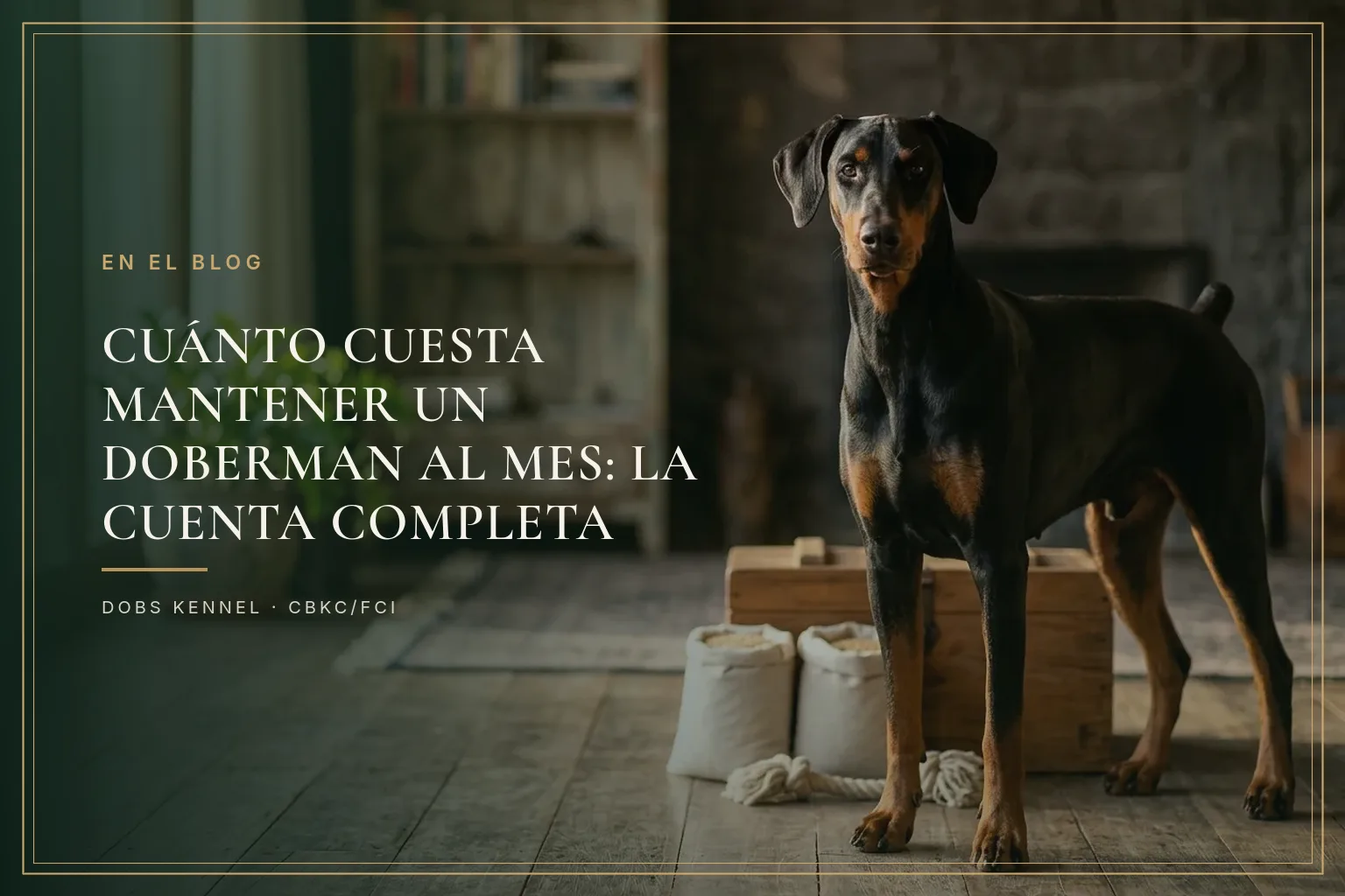 Doberman adulto negro y fuego de pie en una sala rústica, junto a sacos de alimento y una caja de madera. Dobs Kennel.