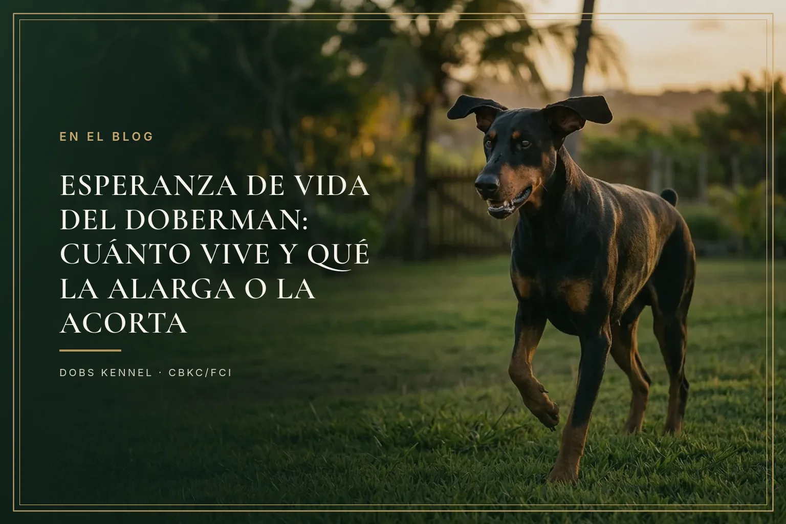 Doberman adulto sano de orejas naturales corriendo en campo abierto, con vitalidad y músculos a la vista