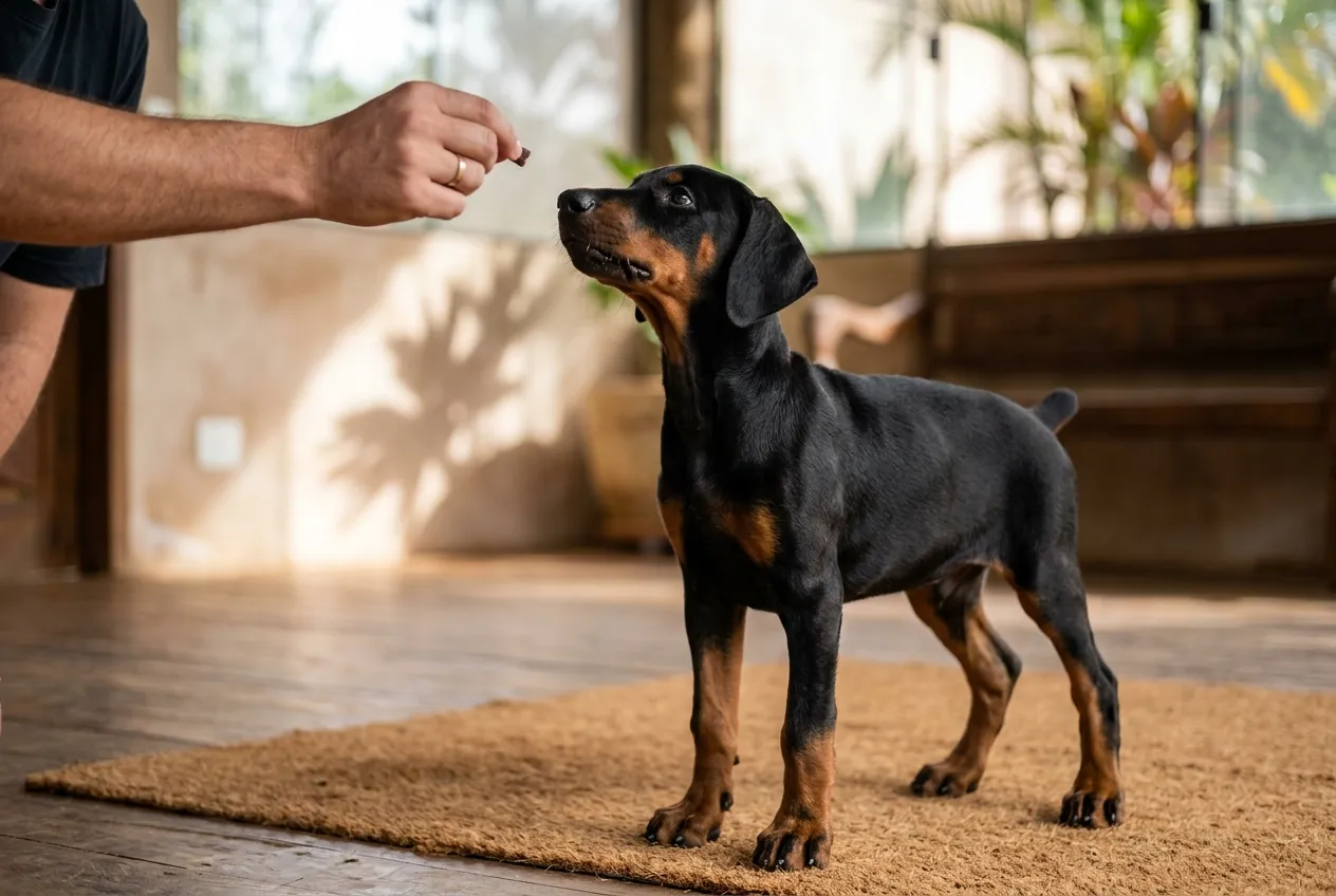 Cachorro de Doberman con orejas naturales mirando la mano de una persona que sostiene un premio en el suelo de uma sala.
