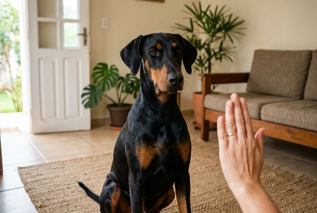 Doberman negro y fuego sentado en una alfombra mirando una mano humana abierta frente a él en señal de quieto.