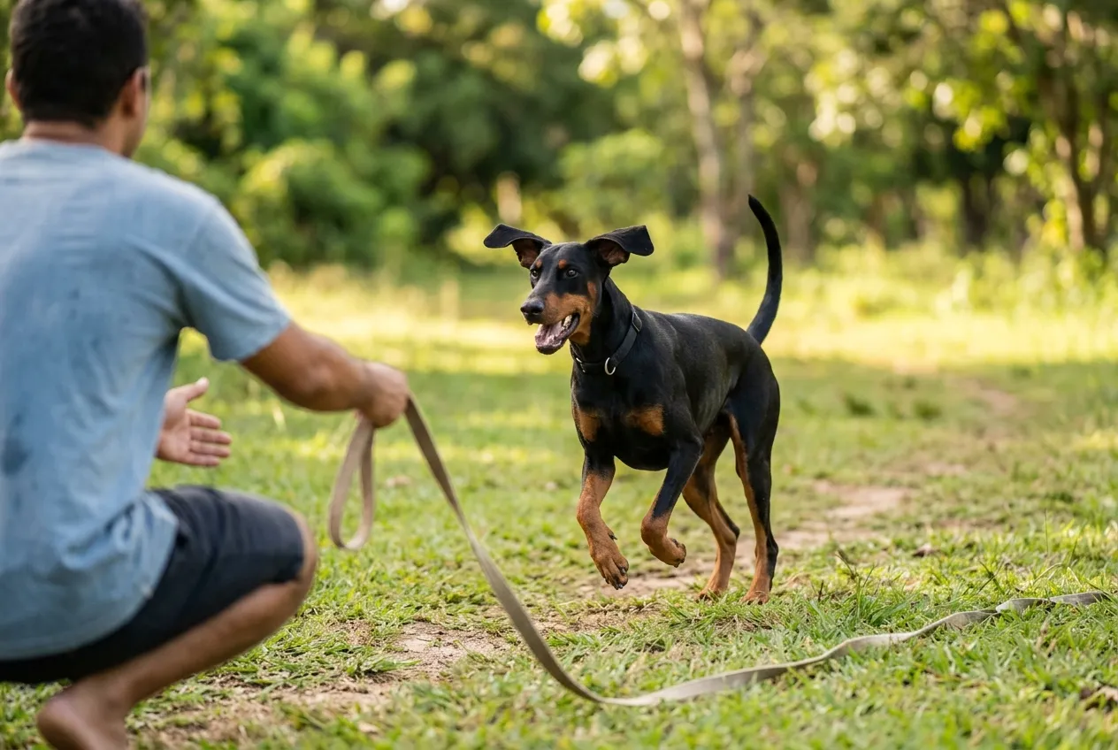 Doberman con orejas naturales corriendo feliz en el césped hacia su dueño de espaldas que sostiene una correa larga.