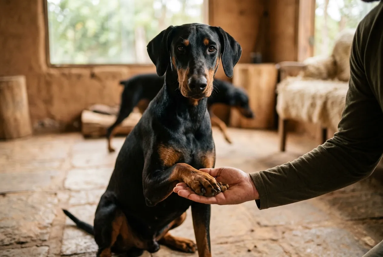 Doberman de orejas naturales colocando su pata en la mano abierta de una persona en un interior iluminado.