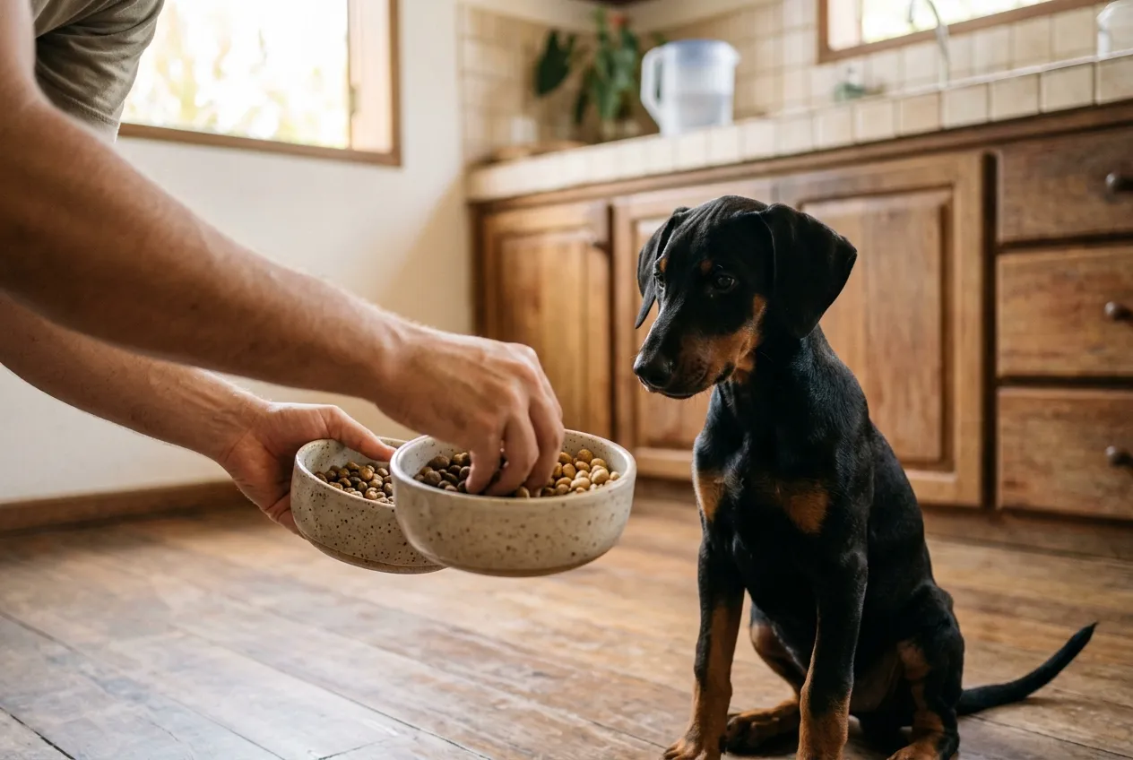 Manos mezclando dos tipos de croquetas en tazones en el suelo para un cachorro Doberman con orejas naturales.