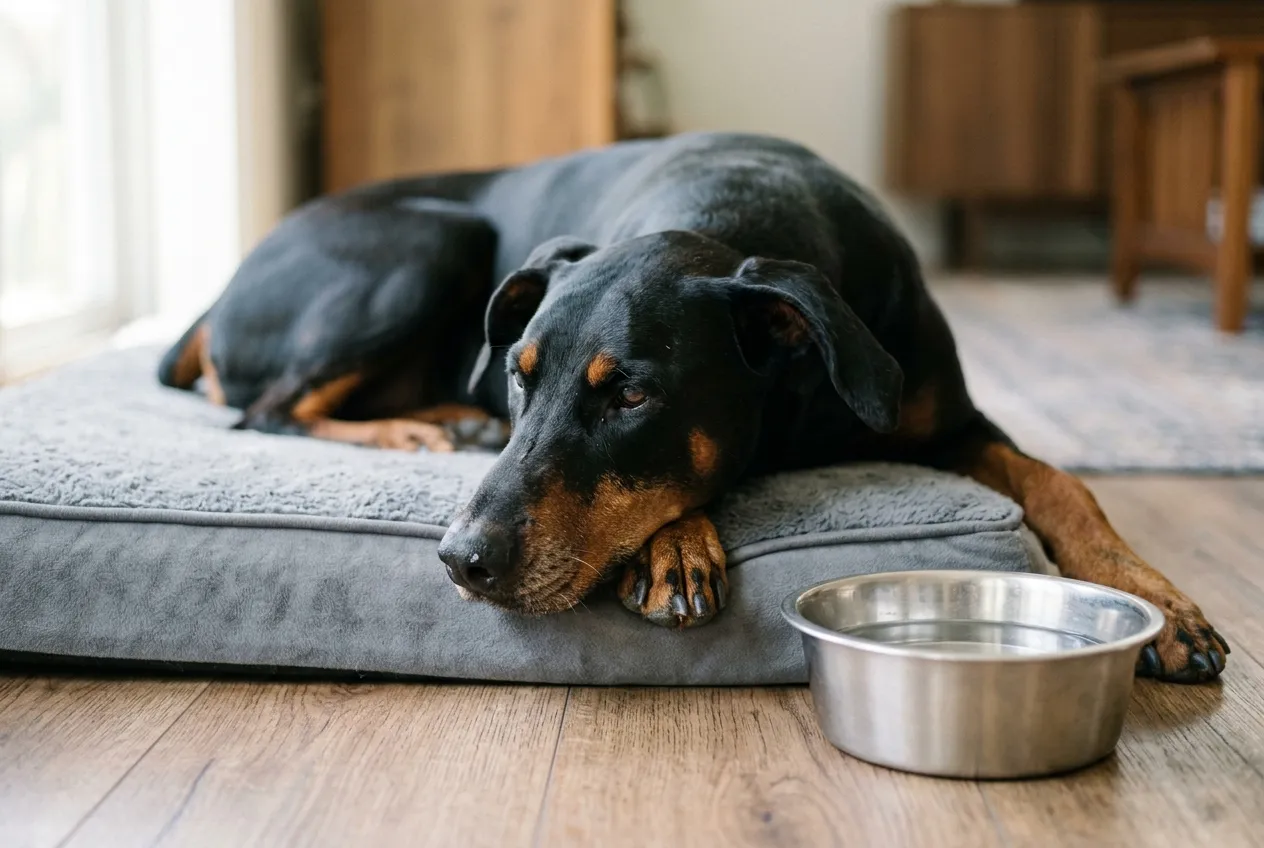 Doberman sénior con orejas naturales descansando en una cama ortopédica en una sala iluminada.