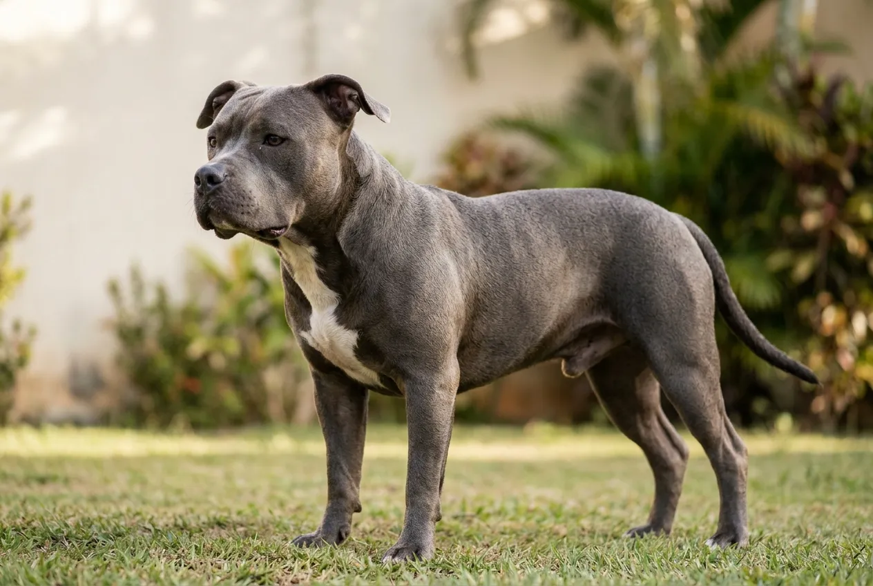 American Bully adulto cinza-azulado com peito branco, em pé de perfil num gramado, mostrando cabeça larga, peito profundo e ossatura pesada.