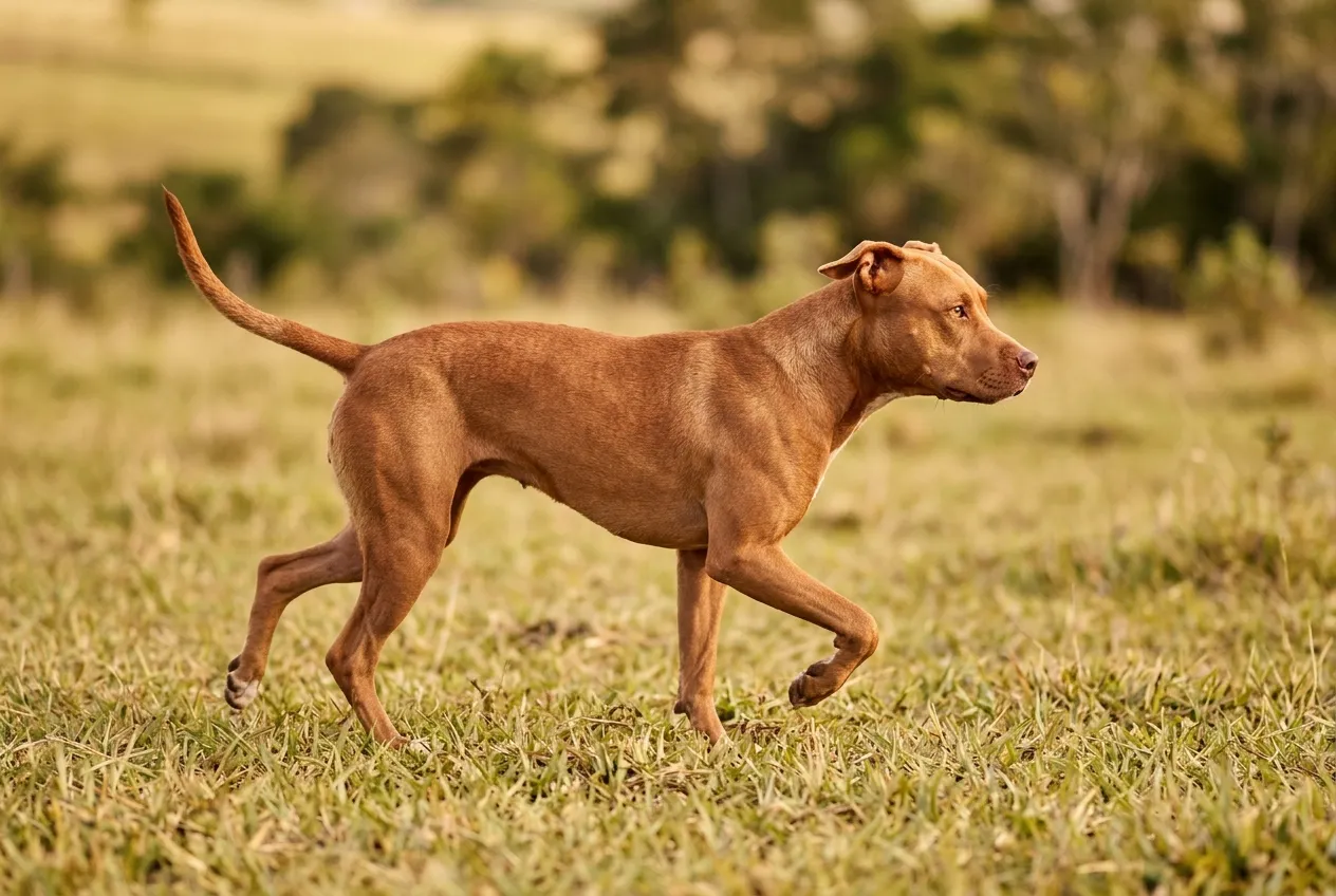 American Pit Bull Terrier adulto avermelhado trotando de lado num campo aberto, com corpo seco e atlético e orelhas naturais.