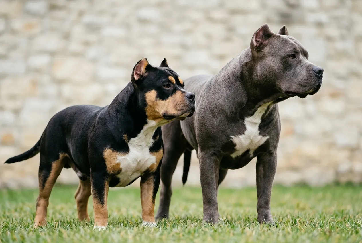 Dois American Bully adultos lado a lado num gramado: um Pocket tricolor bem mais baixo e um XL cinza-azulado bem mais alto na cernelha.