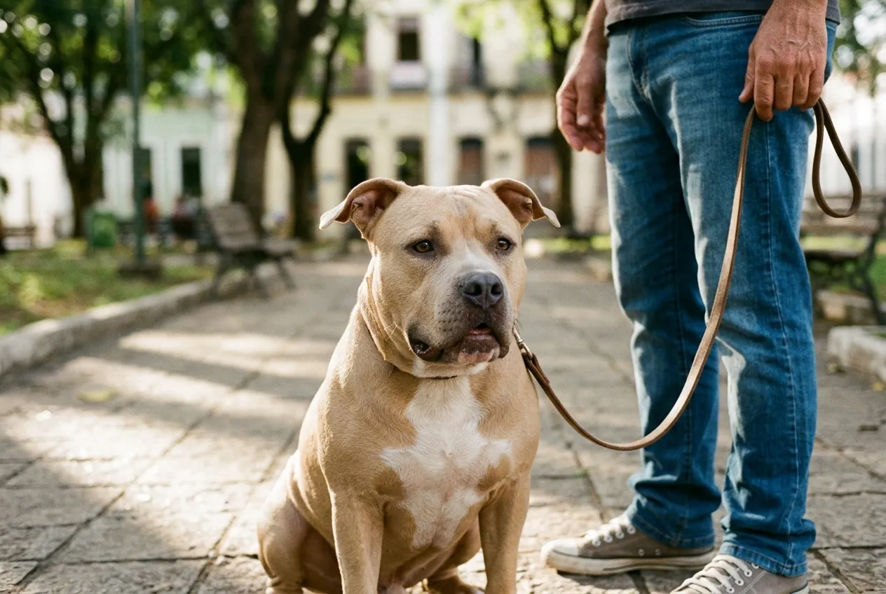 American Bully adulto fulvo sentado tranquilo na guia ao lado das pernas do tutor, numa calçada de praça arborizada.