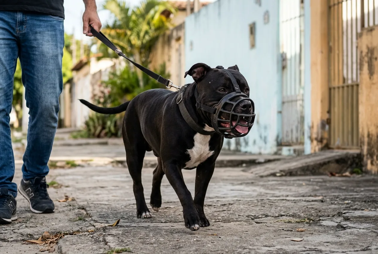 American Bully adulto preto com peito branco andando numa calçada de focinheira de cesto e guia curta, ao lado das pernas do condutor.