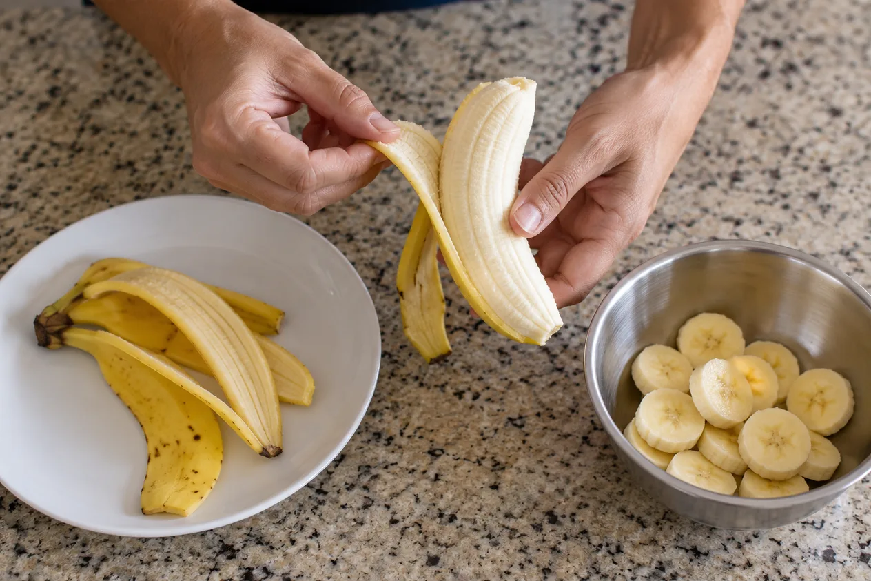 Manos pelando un plátano sobre la encimera, con la cáscara aparte en un plato y las rodajas en un bol de acero inoxidable