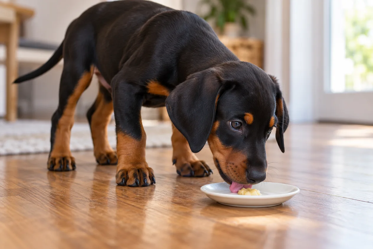 Cachorro de dóberman de orejas caídas lamiendo un poco de plátano machacado en un platito sobre suelo de madera