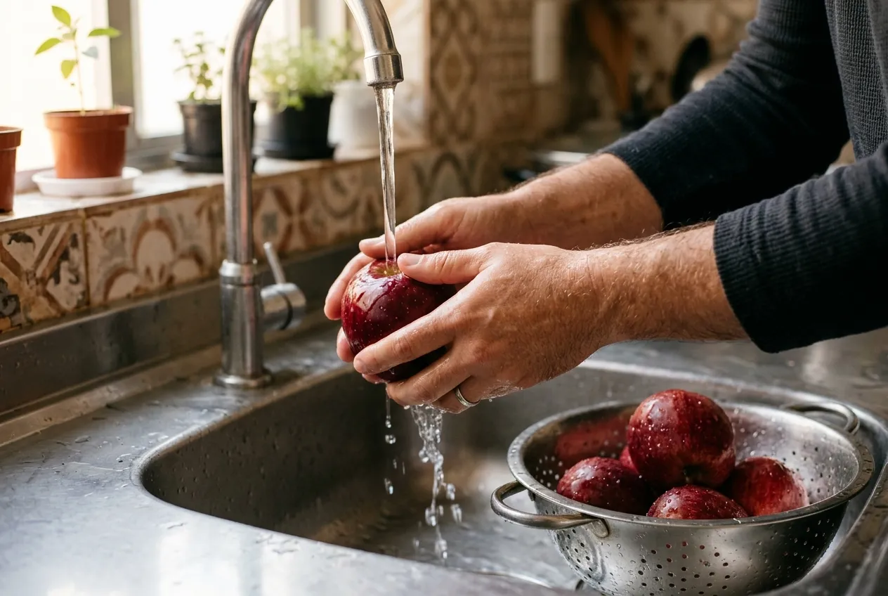 Mãos esfregando uma maçã vermelha sob a água corrente da torneira numa pia de cozinha, com um escorredor de maçãs lavadas ao lado