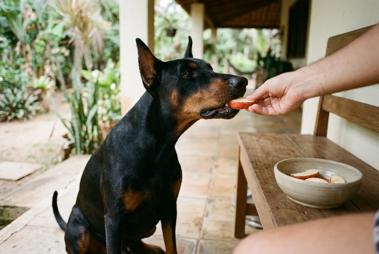 Doberman adulto preto e castanho sentado numa varanda pegando com cuidado um gomo de maçã da mão de uma pessoa