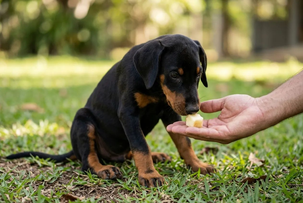 Filhote de Doberman preto e castanho de orelhas caídas cheirando um cubinho de maçã descascada na palma de uma mão