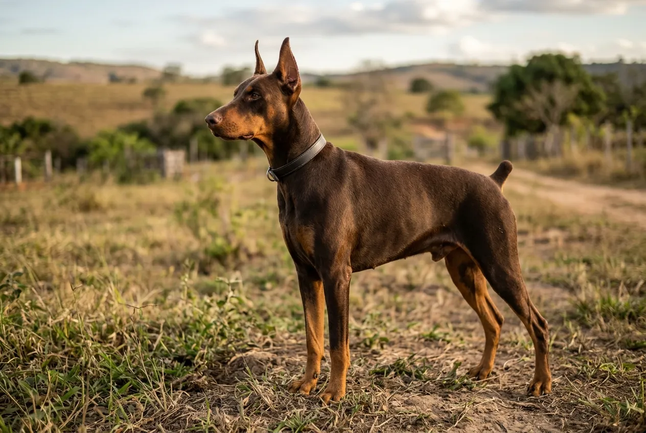Doberman adulto marrom de orelhas em pé, de perfil num campo de grama baixa, com o peito fundo e a cintura marcada