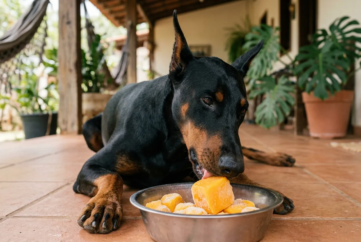 Doberman adulto deitado numa varanda lambendo cubos de manga congelada numa tigela rasa de inox