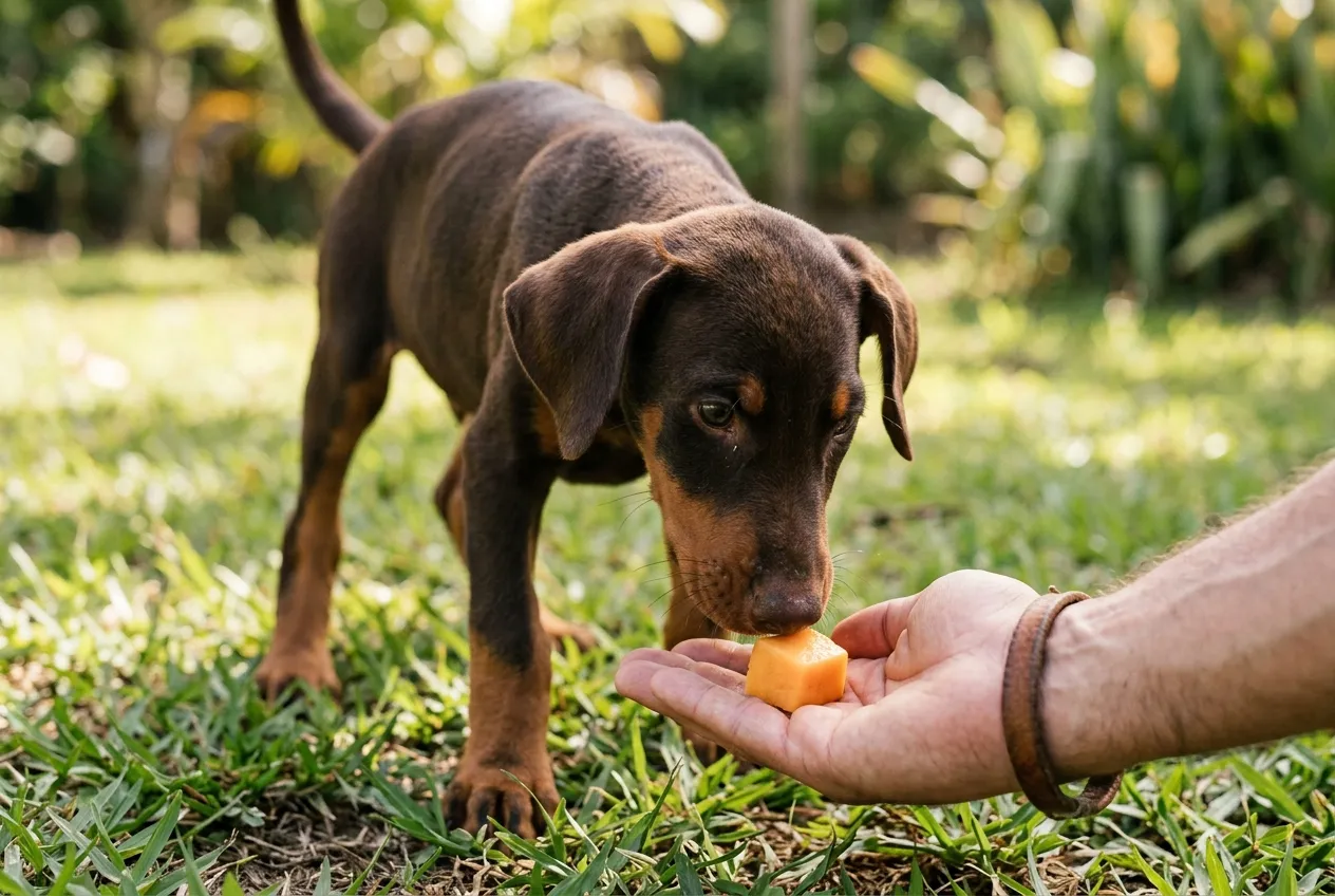 Filhote de Doberman marrom de orelhas caídas cheirando um pequeno cubo de manga na palma de uma mão