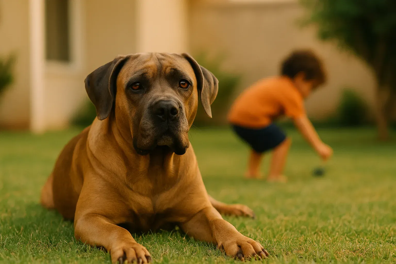 Cane Corso deitado na grama de um quintal ensolarado, calmo e atento, com desfocagem ao fundo.