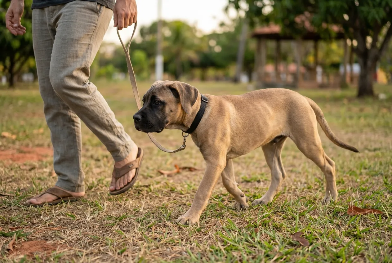 Filhote de Cane Corso caminhando em um gramado verde ao lado de uma pessoa usando tênis e calça jeans.