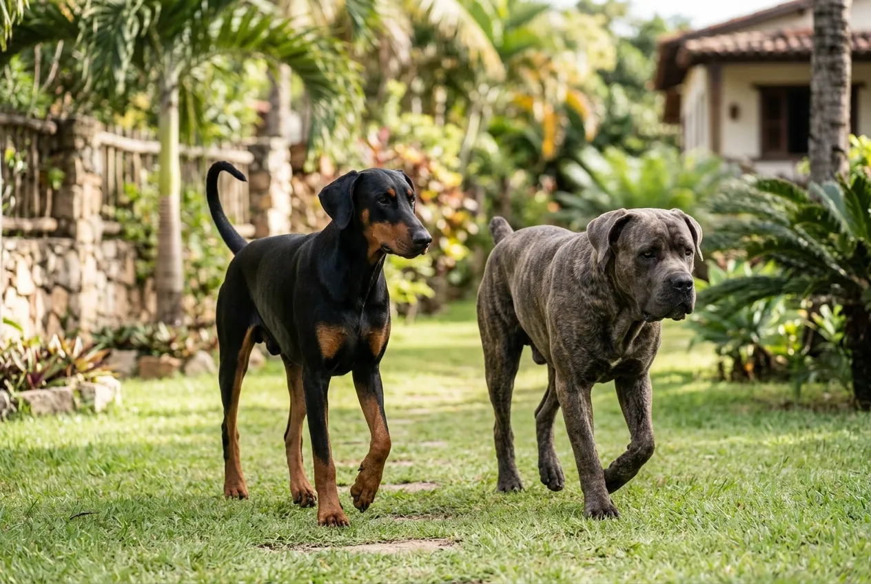Um Cane Corso robusto e um Doberman de orelhas naturais caminhando juntos no gramado ensolarado de um jardim.