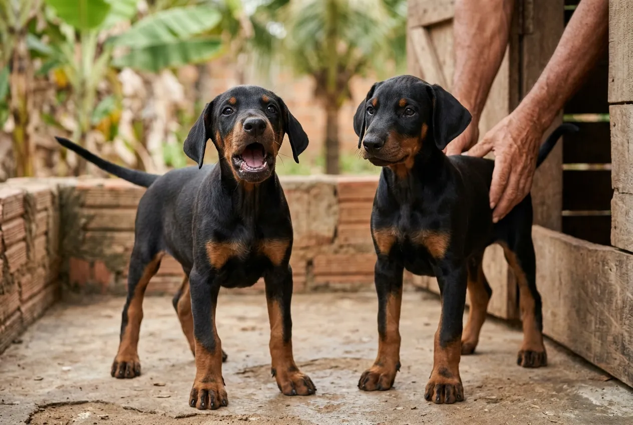 Dois filhotes de Doberman de orelhas naturais; um late para a frente e o outro observa atento e quieto no canil.