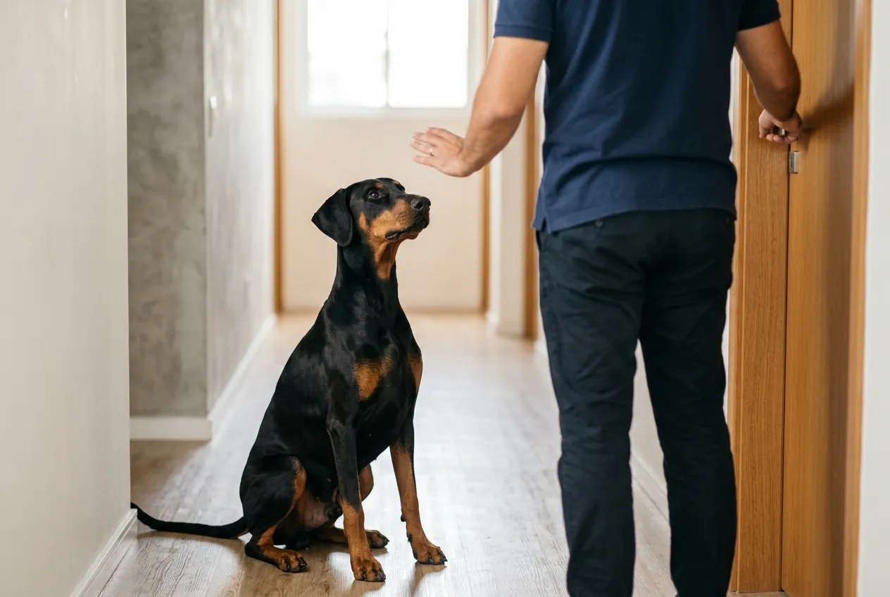 Doberman de orelhas naturais sentado pacientemente no corredor de um apartamento enquanto a mão do tutor faz sinal de espera.