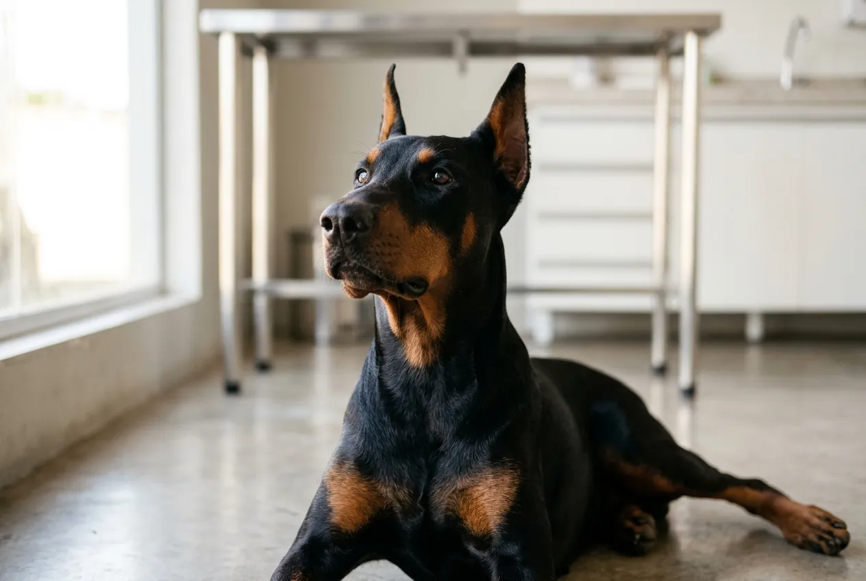 Dobermann adulto negro y fuego, de orejas erguidas, tumbado en el piso de un consultorio veterinario, con la mesa de exploración al fondo