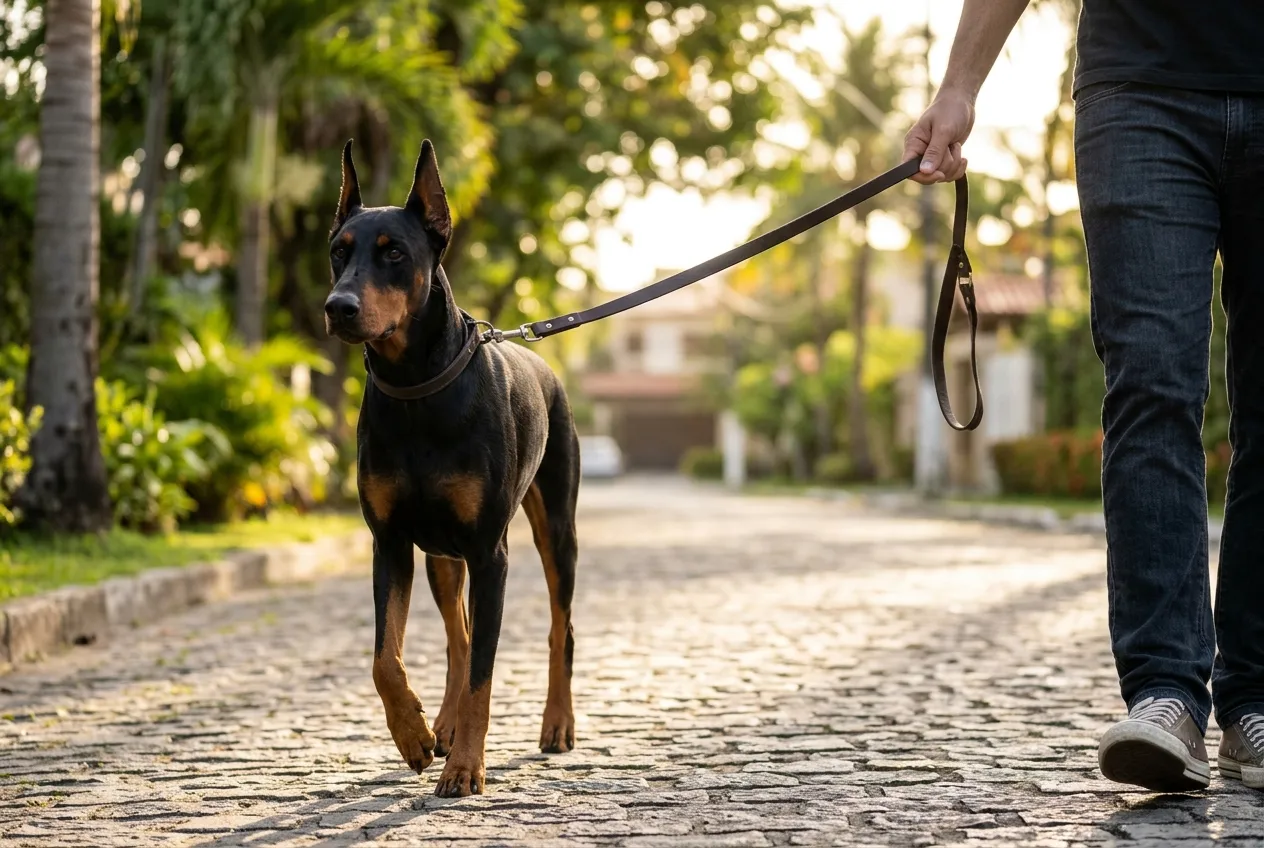 Dobermann hembra adulta, de orejas erguidas, caminando con correa junto a una persona por una acera arbolada al final de la tarde