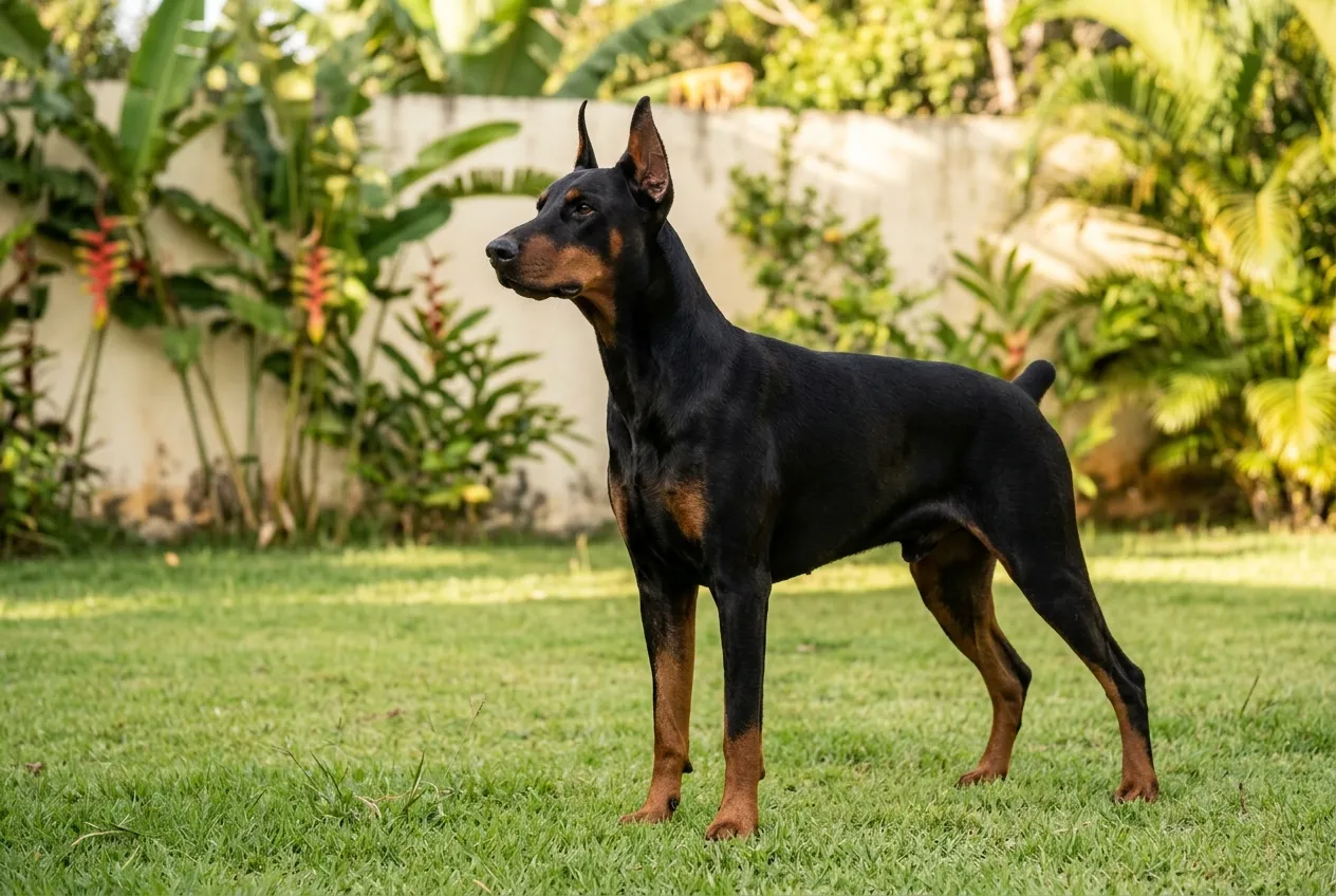 Dobermann macho adulto, musculoso, de orejas erguidas, de pie y de perfil sobre el pasto de un patio con plantas tropicales